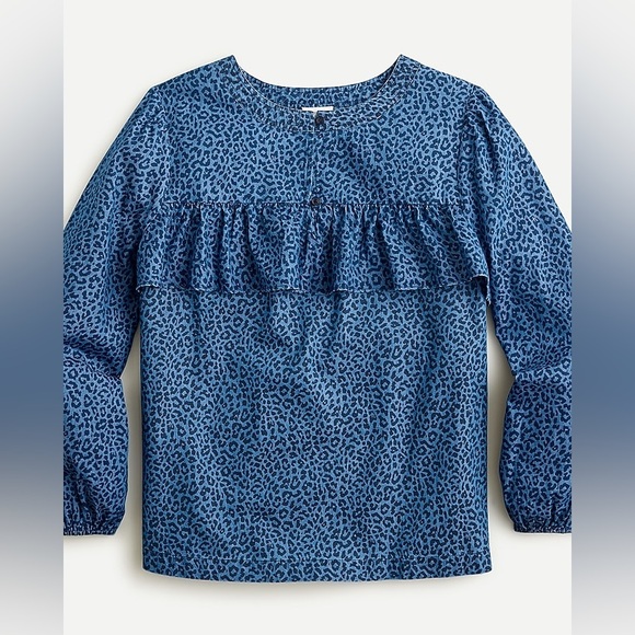 J. Crew Tops - J. Crew Dark Blue Women’s Sz Small Ruffle Front Blouse Leopard Chambray Preppy